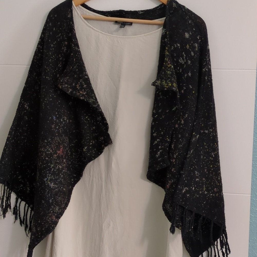 Black Speckled Fringe Shawl Wrap Kimono Sleeves Art To Wear Boho Lagenlook Top